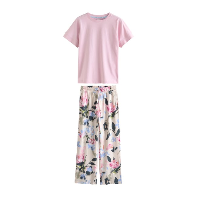 Pyjama manches courtes rose motif fleurs <span itemprop=