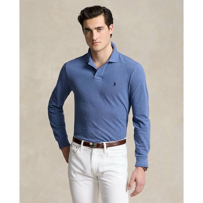 Polo droit custom fit manches longues bleu mer <span itemprop=