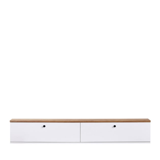 Meuble tv suspendu 2 portes plateau bois foncé L160cm- YARA Couleur blanc <span itemprop=