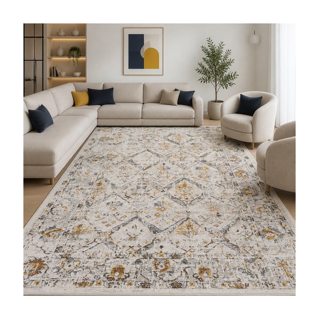 Tapis salon, motif rétro-vintage en relief, style chaleureux LYN51 AURAV Couleur beige, marron, gris <span itemprop=