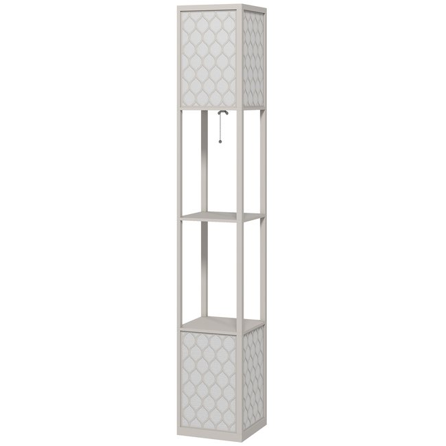 Lampadaire 2 étagères MDF abat-jour tissu motif nid d'abeille Couleur gris <span itemprop=
