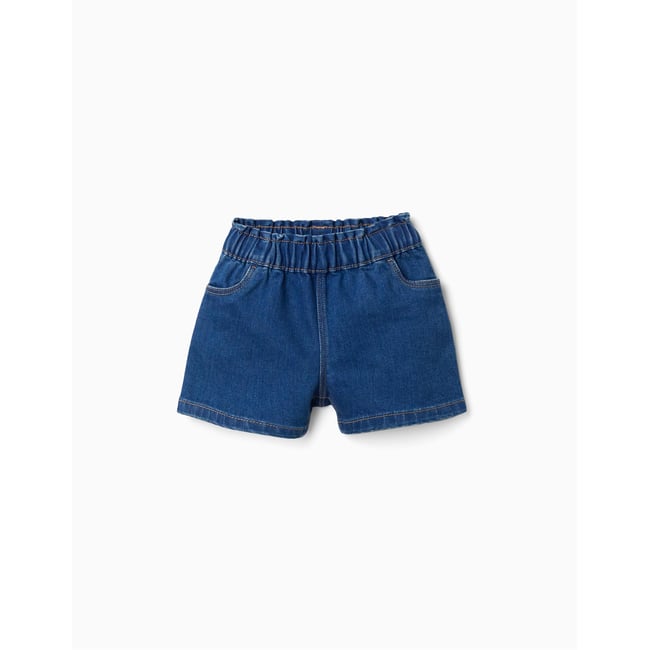 Short en jean avec taille paperbag bleu <span itemprop=