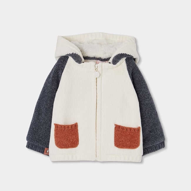 Veste bébé en maille à capuche combinée blanc <span itemprop=