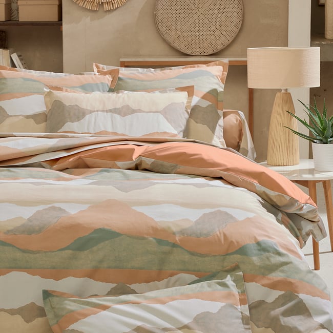Taie d’oreiller percale de coton paysage abstrait beige <span itemprop=