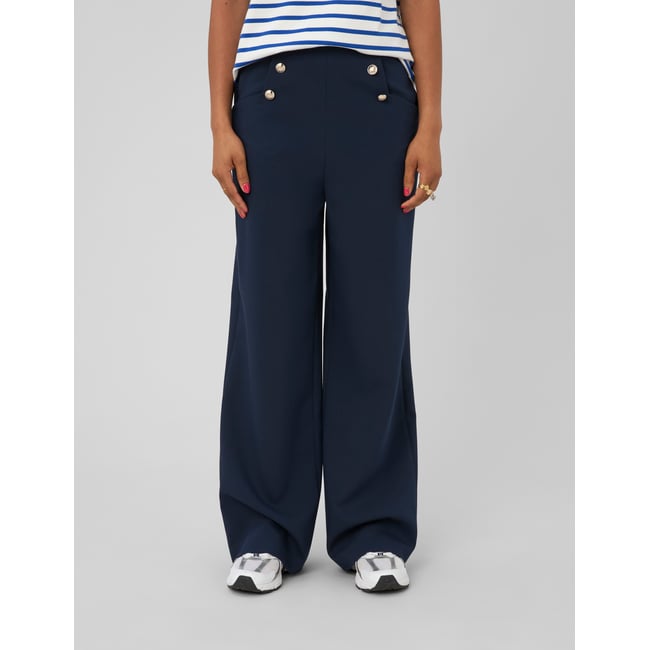 Pantalon taille haute à pont bleu foncé <span itemprop=