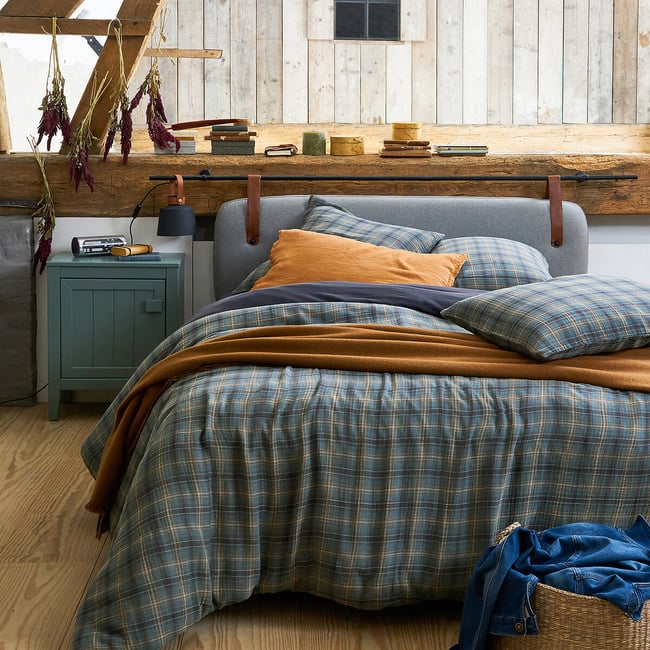 Housse de couette en gaze de coton, à carreaux, tissé teint, CHECK imprimé bleu/marron <span itemprop=