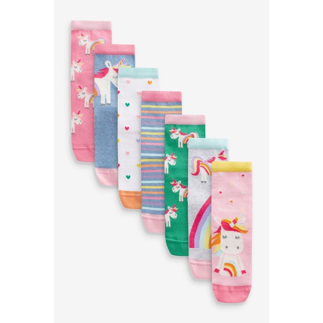 Socquettes à motif licornes, lot de 7 rose, vert et bleu <span itemprop=