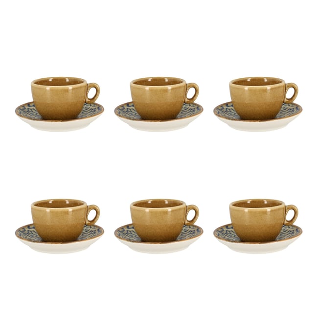 Lot de 6 tasses 16cl avec soucoupes en porcelaine, CALYPSO Couleur bleu-jaune <span itemprop=