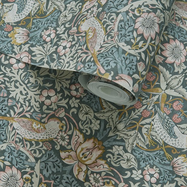 Strawberry Thief Slate/blush Wallpaper, grey, WILLIAM MORRIS BY CLARKE & CLARKE