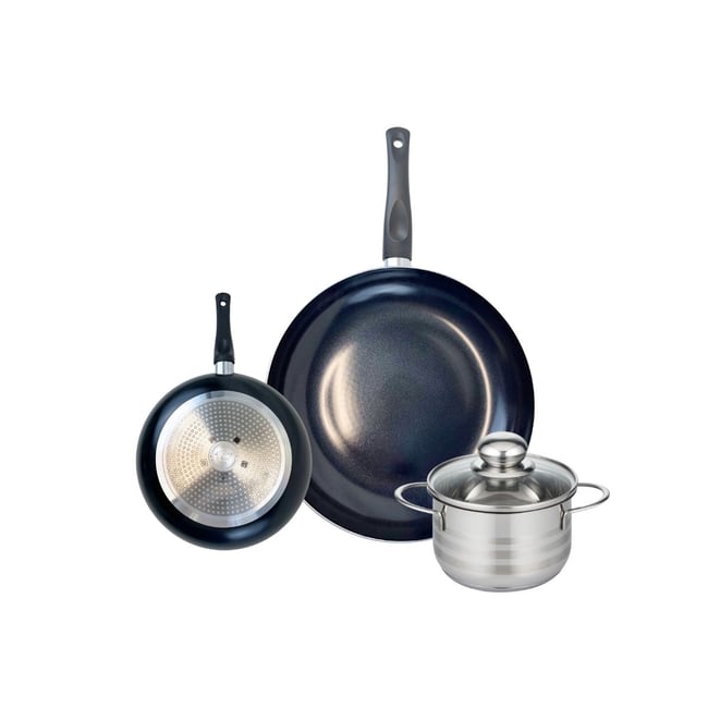 Batterie 2 poêles 20/32cm + 1 faitout 16cm PRIMA BRILLANT noir <span itemprop=