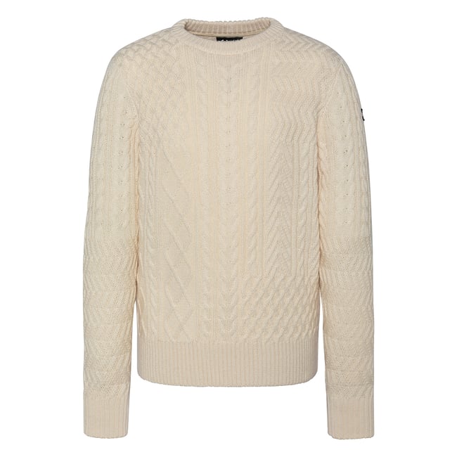 Pull col rond noir, maille torsadée blanc cassé <span itemprop=