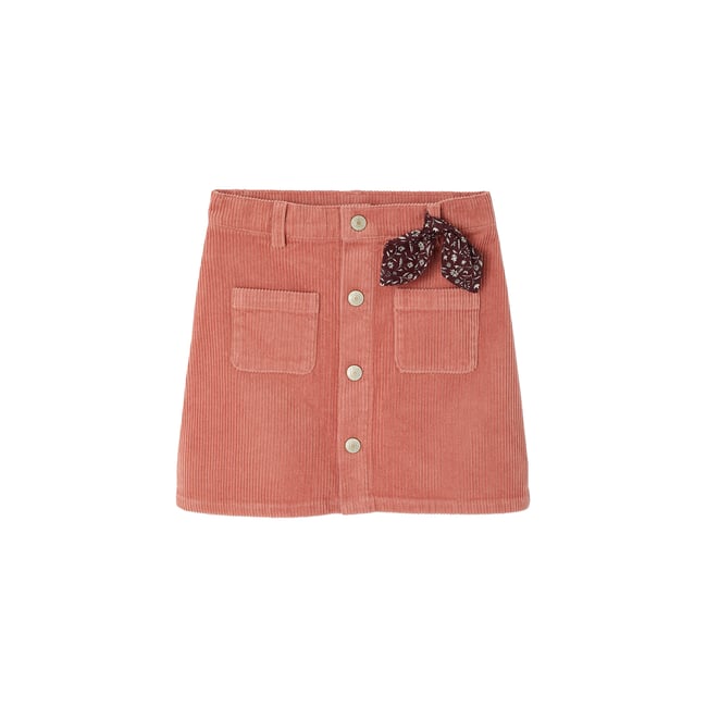 Jupe boutonnée en velours avec nouette fantaisie vieux rose <span itemprop=