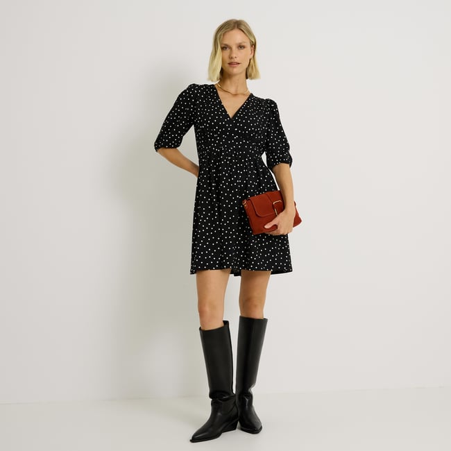 Robe col V à pois noir <span itemprop=