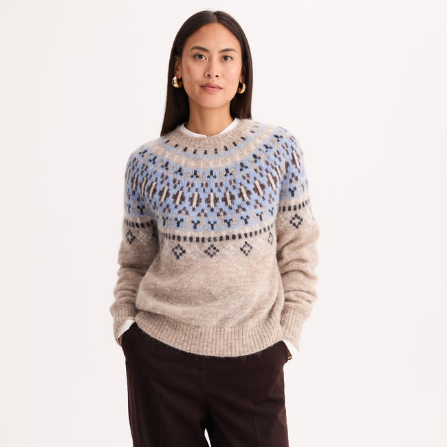 Pull jacquard à col rond, en alpaga mélangé jacquard fond écru <span itemprop=