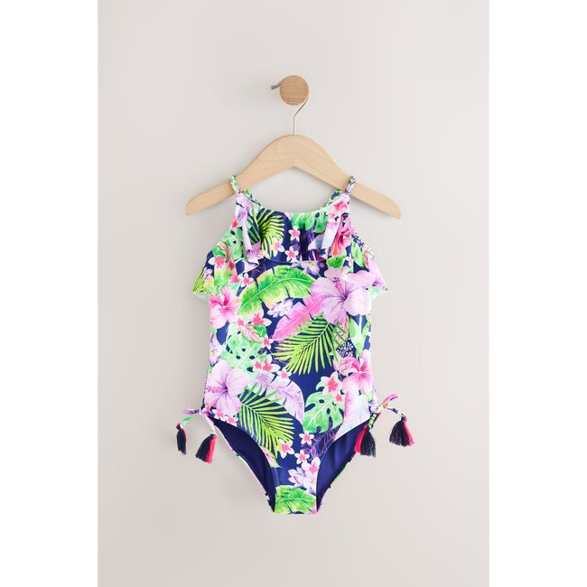 Maillot de bain à volants violet/marine tropical <span itemprop=