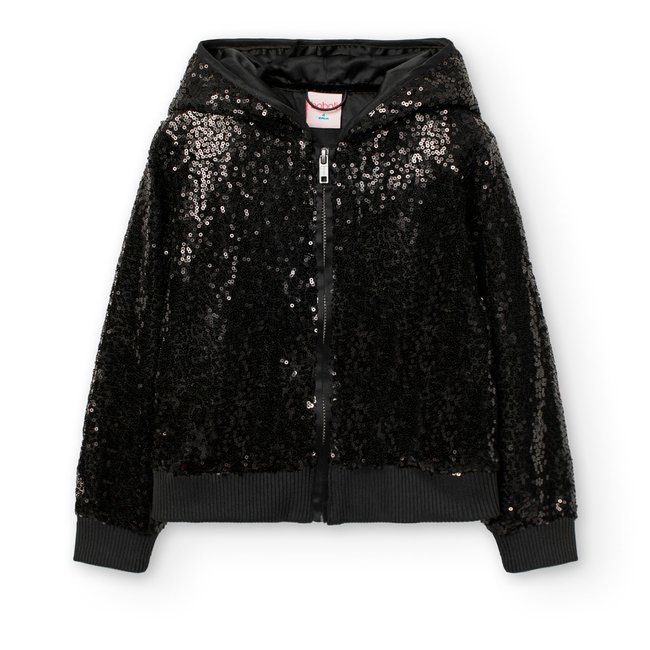 Blouson à paillettes avec capuche et fermeture éclair noir <span itemprop=