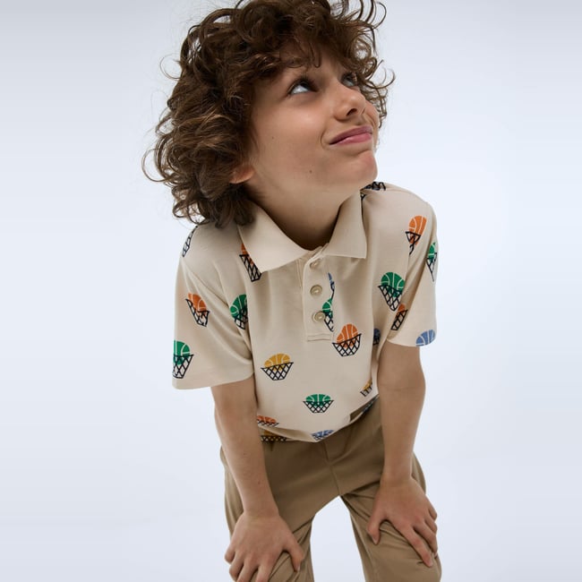 Polo manches courtes imprimé en coton BIO GOTS naturel <span itemprop=
