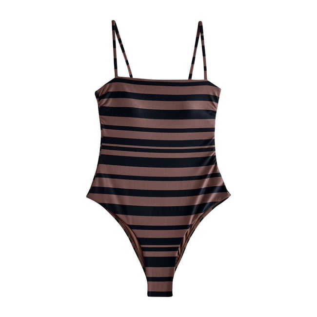 Maillot de bain à encolure carrée rayures noir/marron <span itemprop=