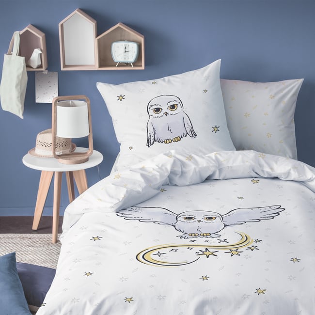 Parure de lit imprimée 100% coton, OWL blanc <span itemprop=