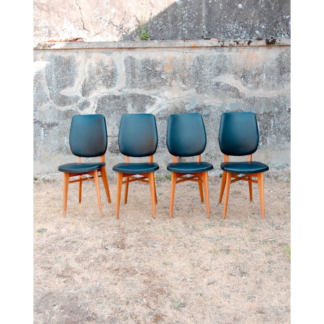 Lot de 4 chaises en skaï et hêtre Alma N°1745 - Bon état Couleur noir <span itemprop=