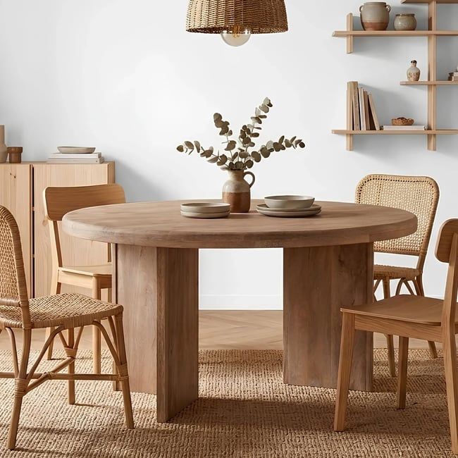 Table à manger ronde en manguier D150 8 places - MAHE Couleur bois clair <span itemprop=