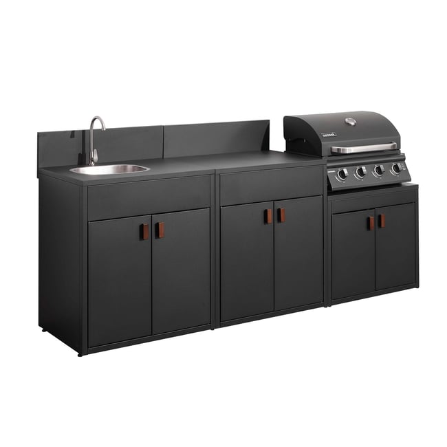 Cuisine extérieure 3 modules acier avec barbecue gaz 4 brûleurs THIRA BARBECUE GAZ + 3 MODULES noir <span itemprop=