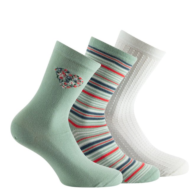 Pack de 3 mi-chaussettes en coton floral + rayures + fantaisies de mailles amande <span itemprop=