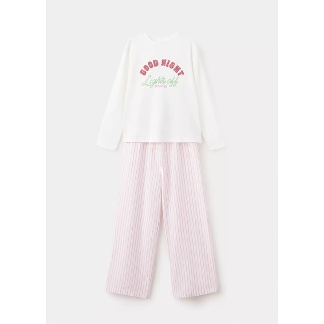 Pyjama complet en coton avec inscription blanc cassé <span itemprop=