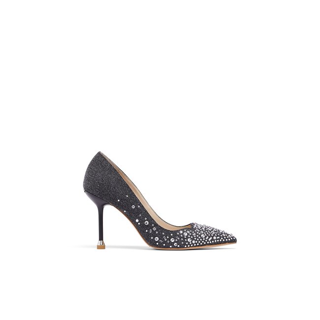 Escarpins en denim avec pierres fantaisie gris <span itemprop=