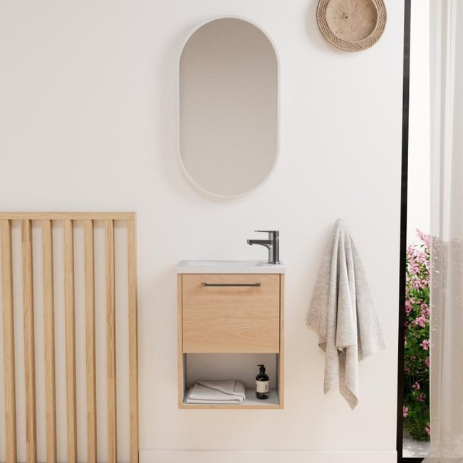 Ensemble lave-mains avec niche, robinet et miroir ovale NIKA Couleur chêne et blanc <span itemprop=