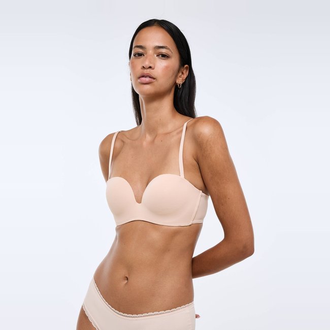 Soutien-gorge bandeau paddé décolleté V avec bretelles amovibles ALEXIA en microfibre chair <span itemprop=