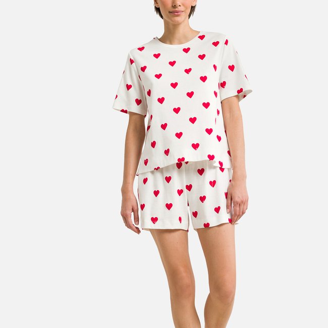 Pantalón corto de algodón con estampado de corazones rojo/blanco <span itemprop=