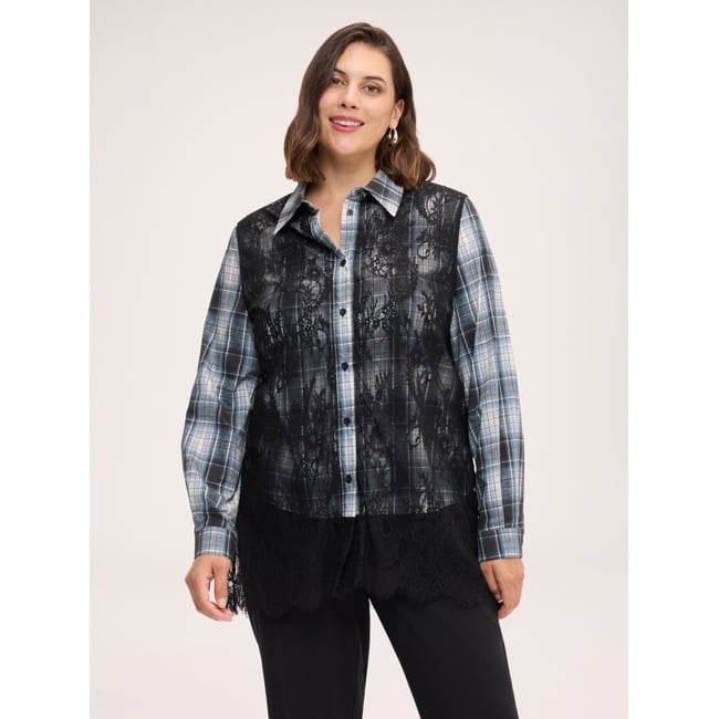 Chemise à carreaux avec empiècements en dentelle florale noir <span itemprop=