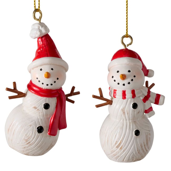 Set de 2 boules de Noël en résine bonhomme de neige 4.5x3x7cm Couleur blanc <span itemprop=