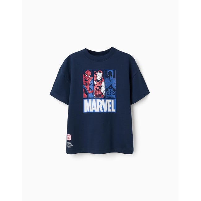 T-shirt en coton avec imprimés Marvel bleu foncé <span itemprop=