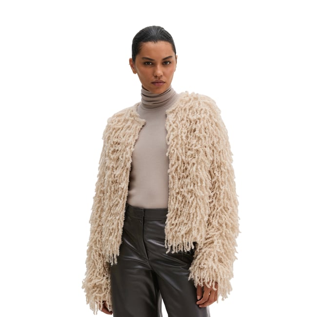 Cardigan court à franges en fil bouclé tout doux beige <span itemprop=