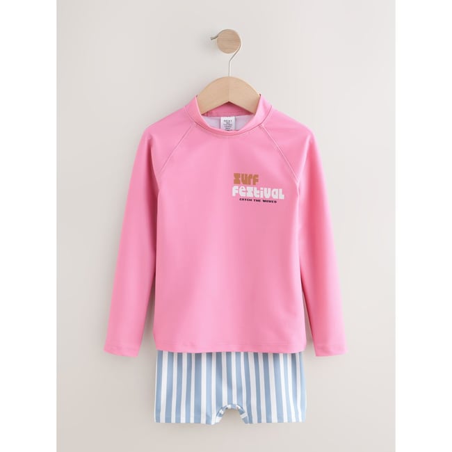 Haut de bain manches longues et short motif surf rose/bleu <span itemprop=