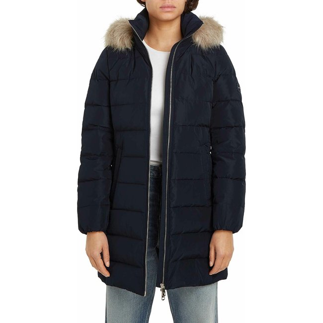 Mid-Length Puffer Jacket with Hood, navy blue, TOMMY HILFIGER