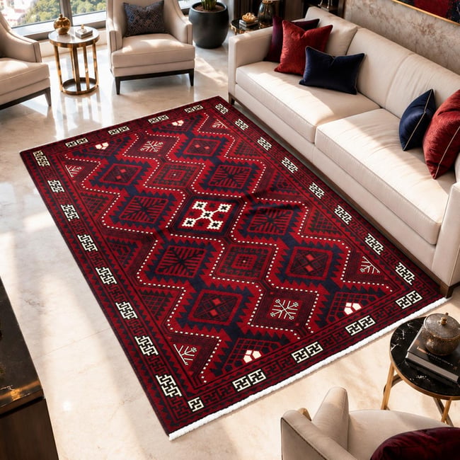 Tapis d'orient, motif oriental authentique noué main, LORI 7 Couleur rouge, crème, noir <span itemprop=