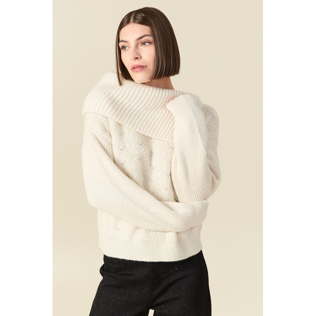 Pull ajouré manches longues bardot ecru <span itemprop=