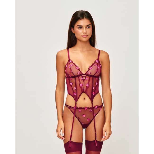 Guepière en mesh et fleurs brodées MADISONIZ bordeaux <span itemprop=