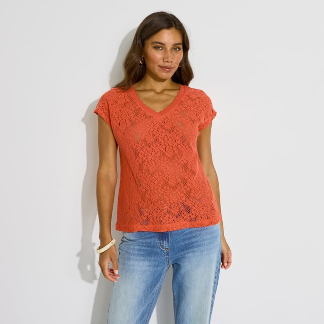 T-shirt uni en crochet orange <span itemprop=