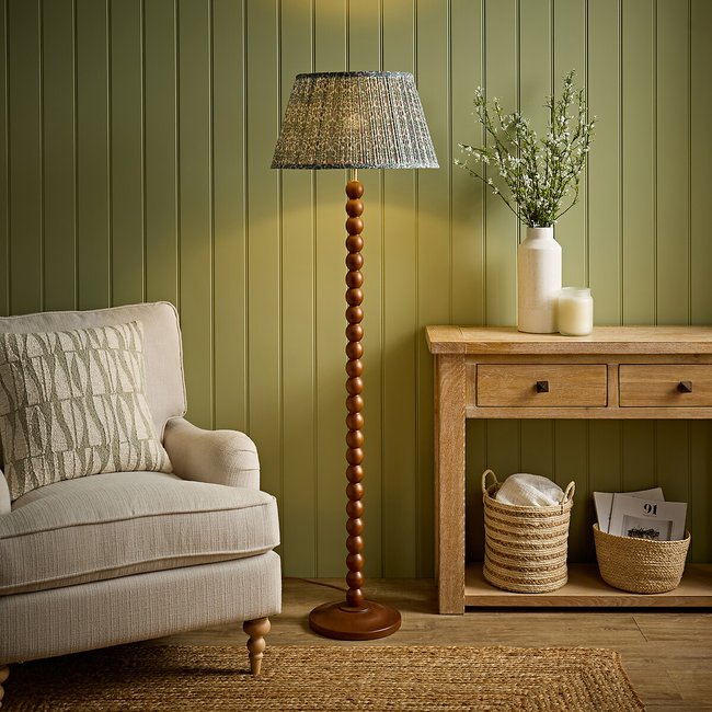 Bobbie Walnut Bobbin Floor Lamp with Floral Pleated Shade, green, SO'HOME