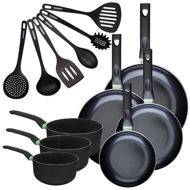 4 poêles 20/24/28/30cm + 3 casseroles 16/18/20cm BRANDAO noir|vert <span itemprop=