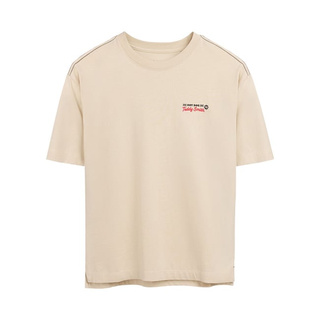 T-shirt en coton beige à col rond imprimé hot dog à la poitrine et au dos beige <span itemprop=