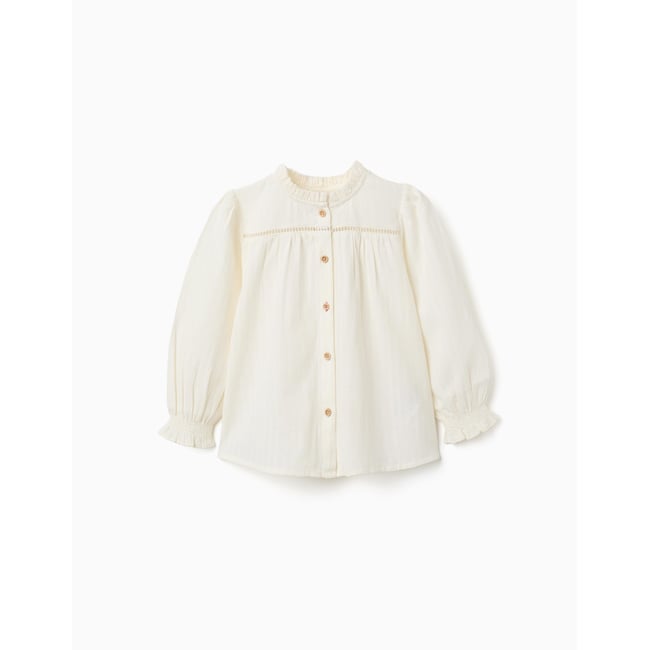 Chemise à manches longues en coton avec volants blanc <span itemprop=