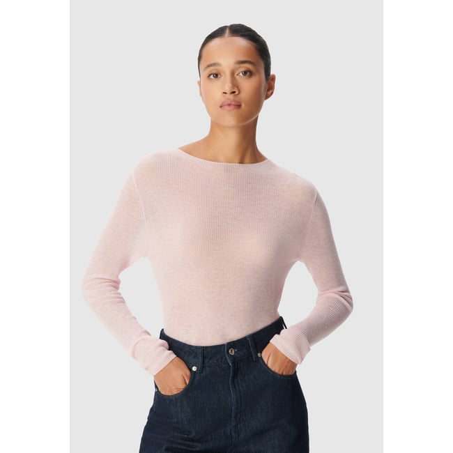 Pull col rond tricot fin 100% laine rose pâle <span itemprop=