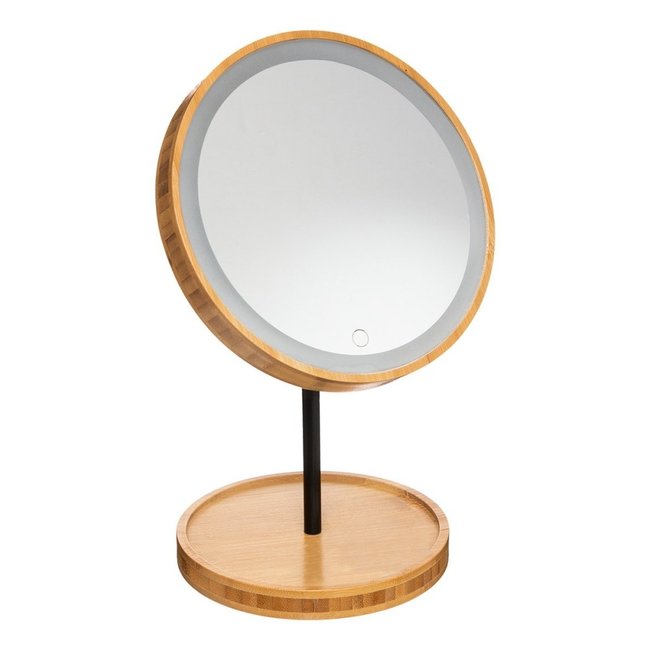 Miroir LED sur pied en bambou Couleur beige <span itemprop=