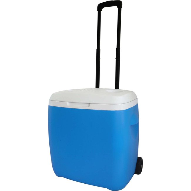 Glacière rigide avec roues et canne 28 L bleu <span itemprop=