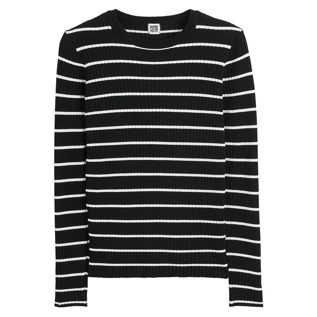 Gestreifter Pullover, Rippstrick aus Viskose-Mischgarn schwarz/elfenbein gestreift <span itemprop=